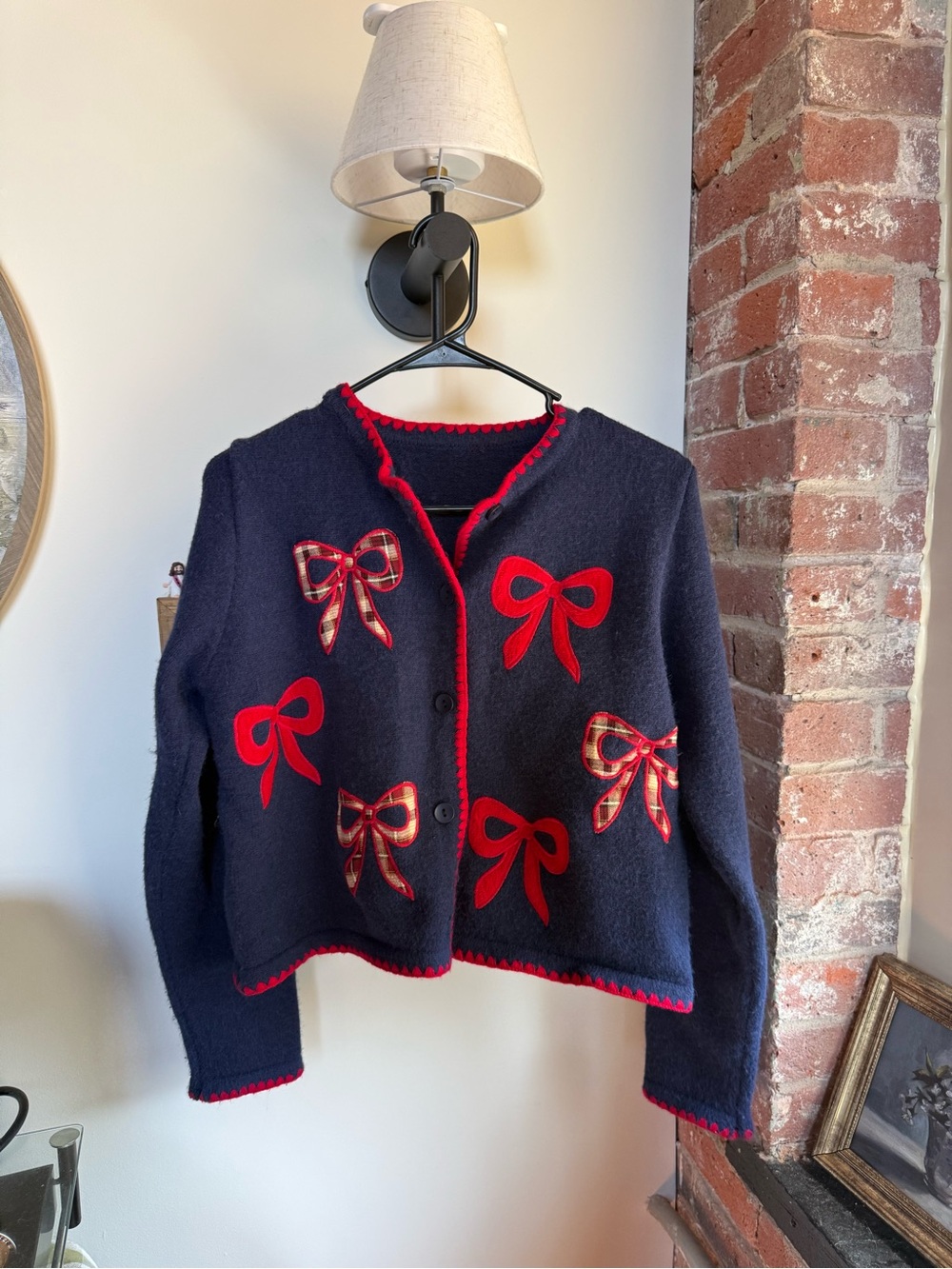 Cider Navy Blue Cardigan Sweater with Red Bow Appliqués